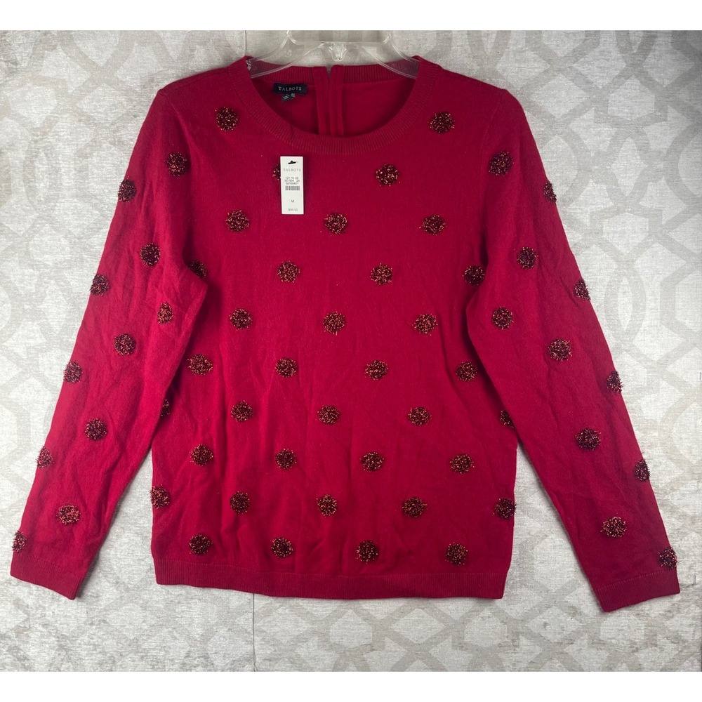 Talbots Red Metallic Polka Dot Sweater Womens Medium NWT Lambswool Holiday Zip